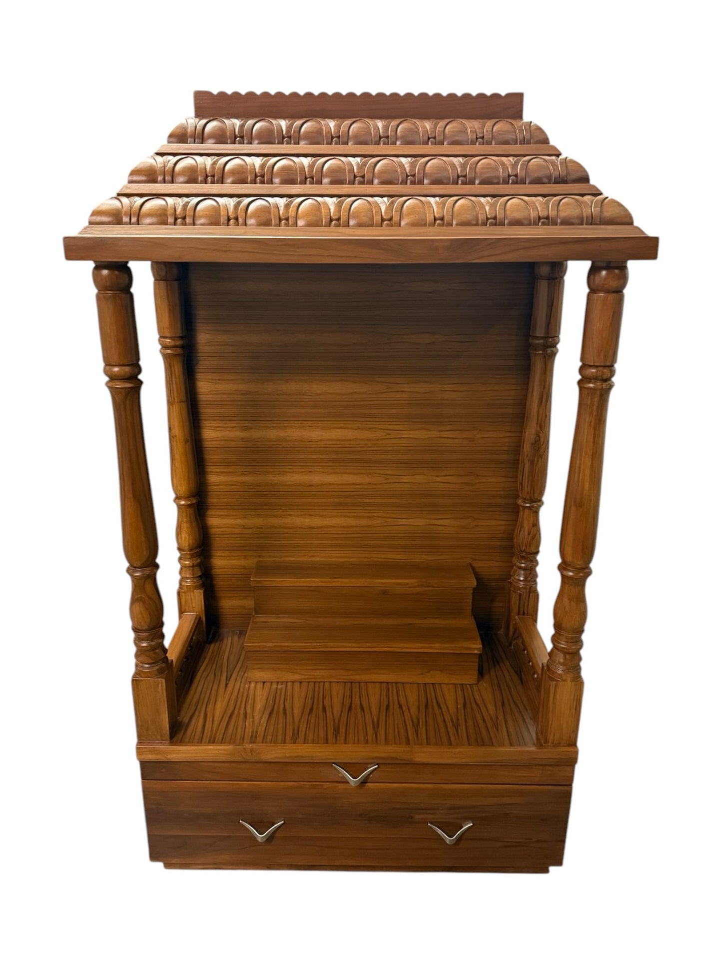 Mandir (Temple) with Removable Steps, Pull Out Tray and Drawer in Teak Wood