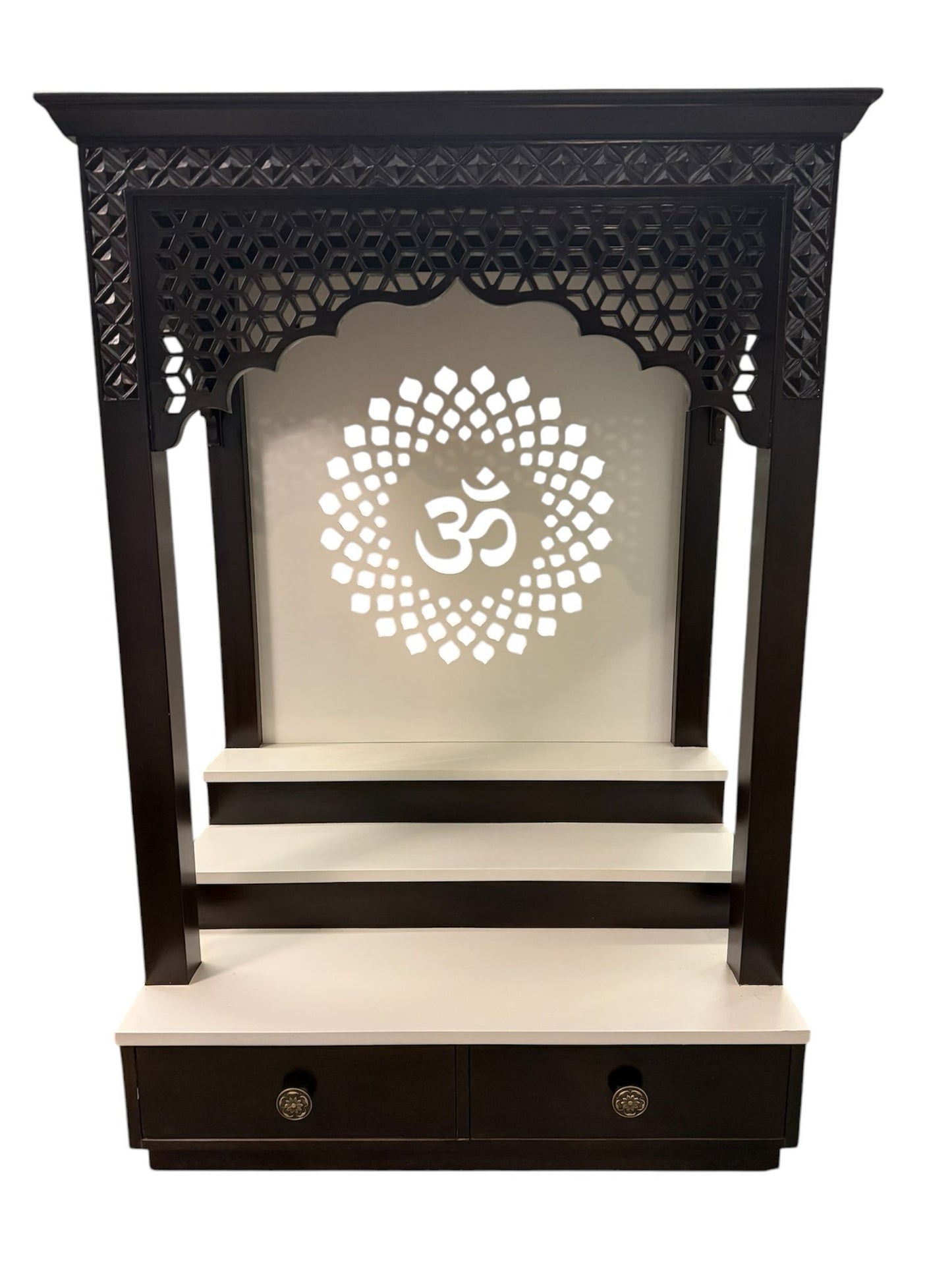 Mandir (Temple) with Om Carving, 3 Steps, and Drawers in Teak Wood