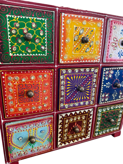 Hand Painted Wooden Decorative - 9 Drawer Box