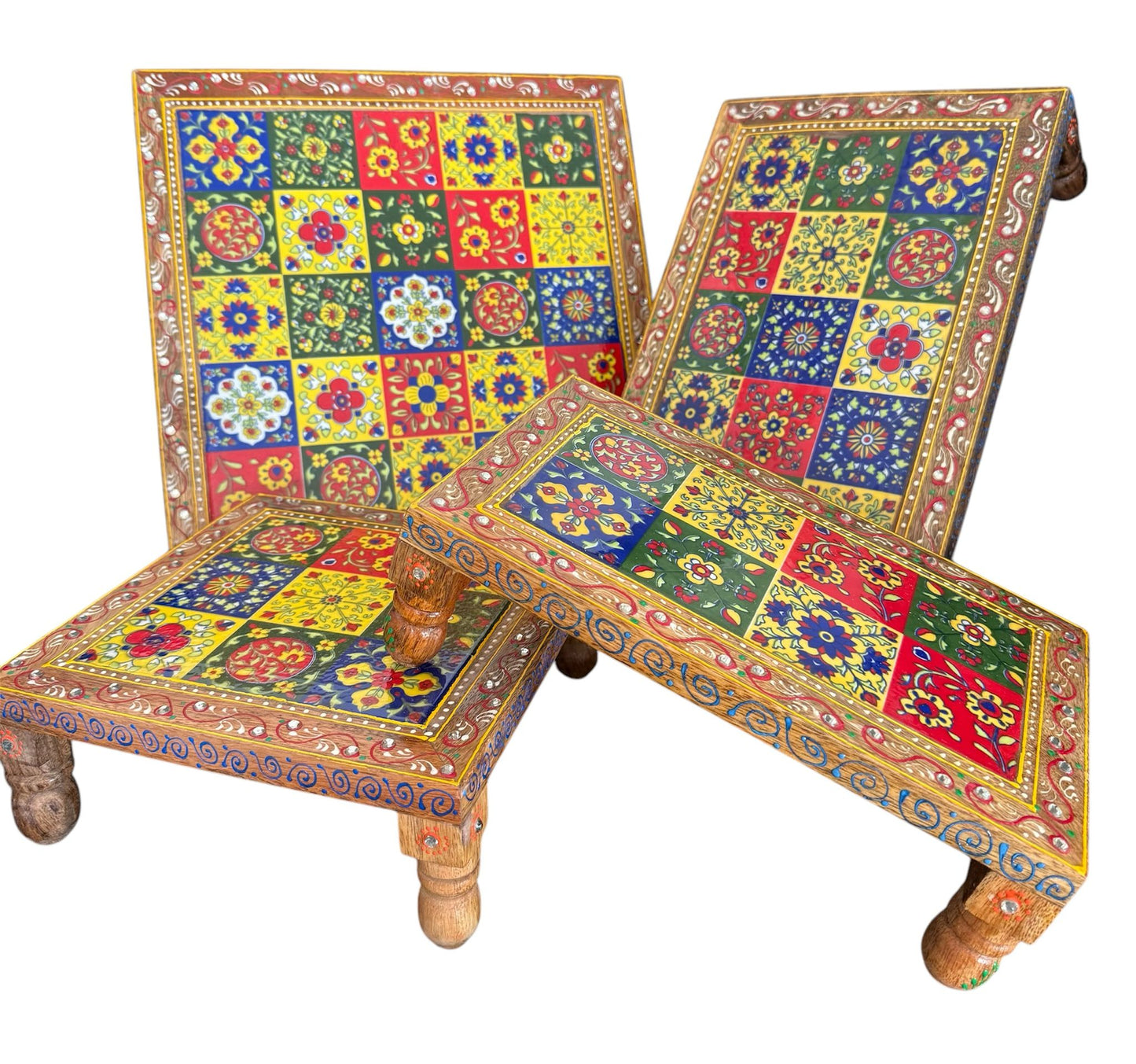 Wooden Ceramic Tile Chowki | Bajot (2 Piece Set)