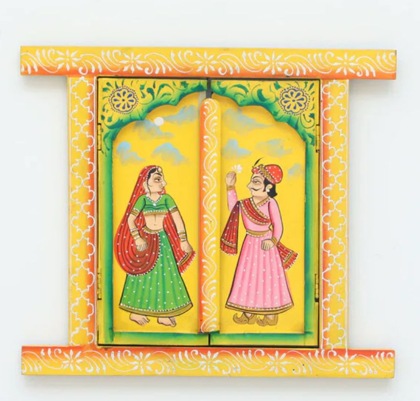 Wooden Hand Painted Jharokha Window with Mirror
