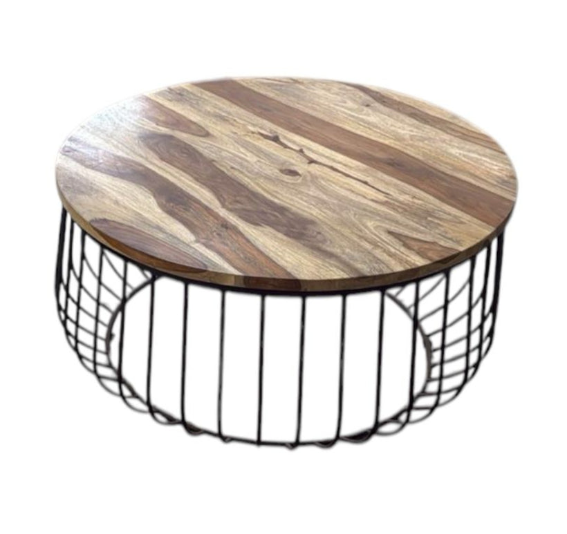 Round Natural Wood Top and Curved Metal Base Coffee Table
